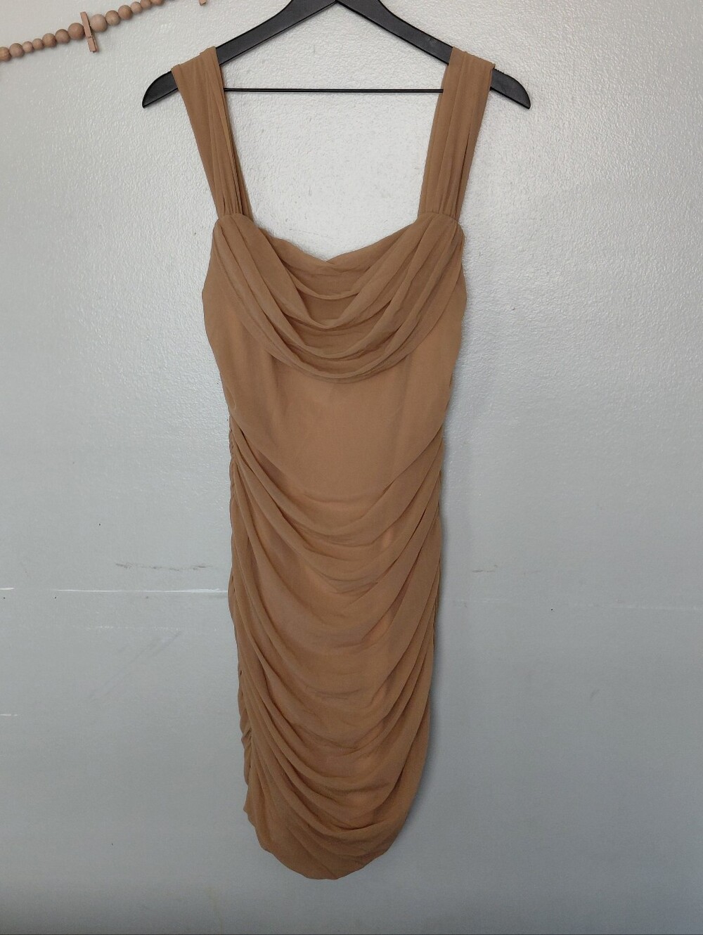 Pretty Garden Bronze Tan Mesh Ruched Cowl Neck Bodycon Party Dress Size L